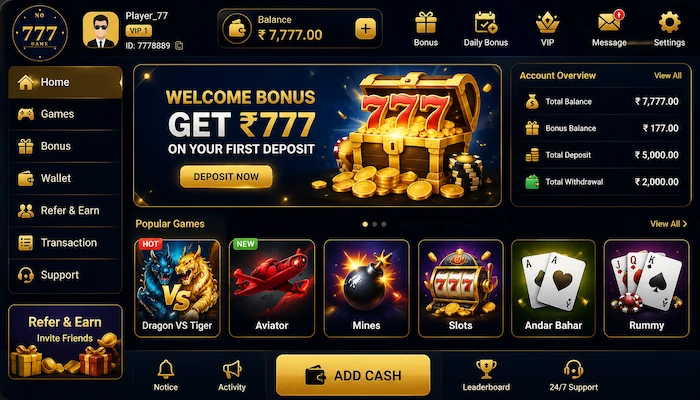 no777 game dashboard image 