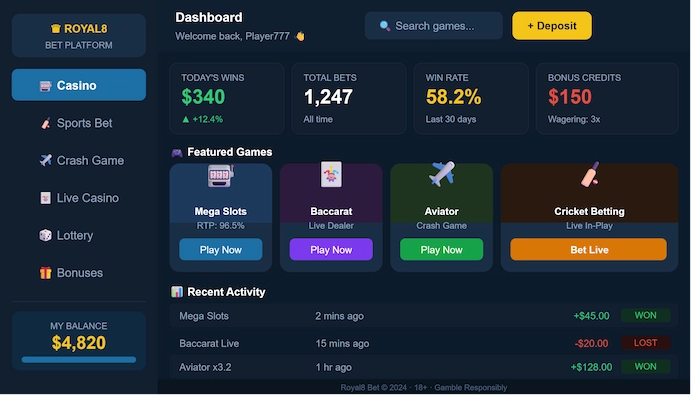 royal8 bet game dashboard image